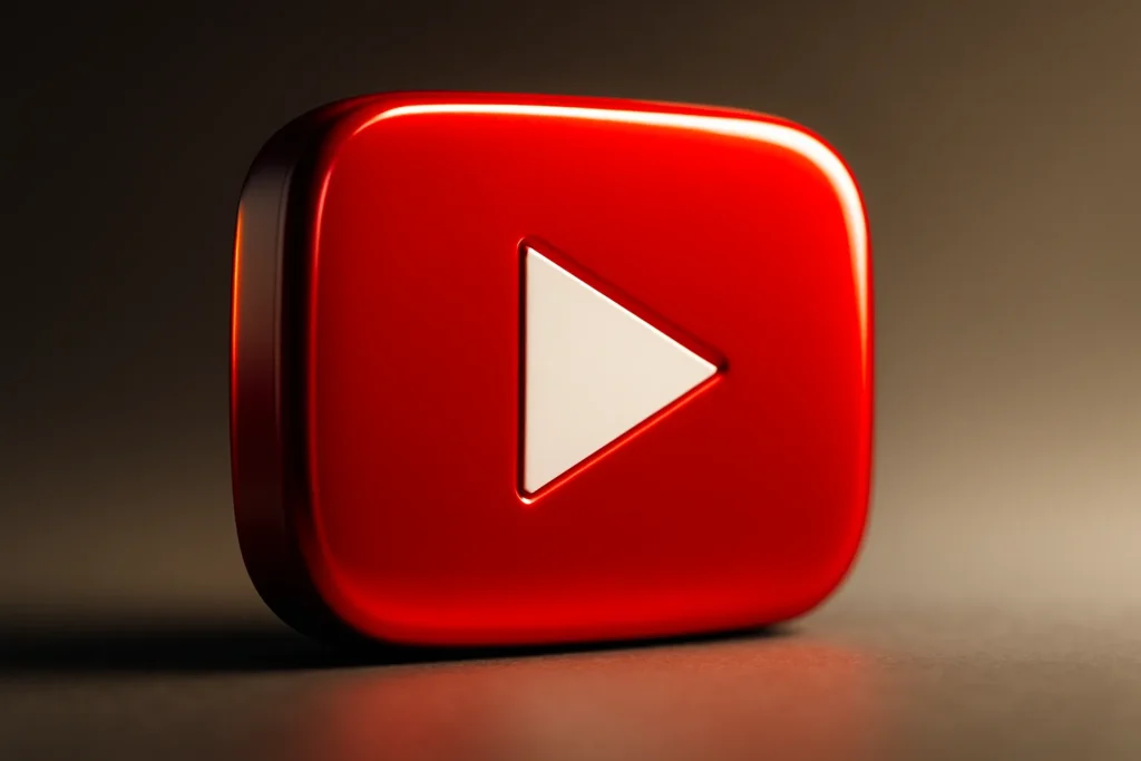 A single glossy red YouTube play button, oversized and centered, extreme close-up with dramatic rim lighting and high contrast, vibrant saturated colo...