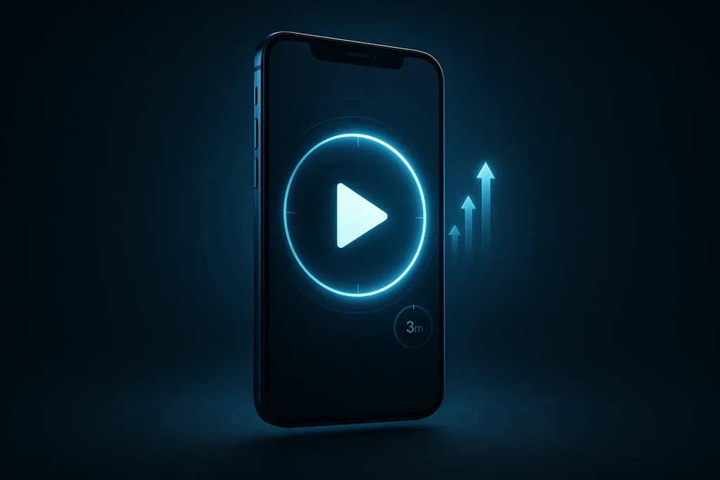A sleek smartphone floats center against a dark tech gradient, screen displaying a glowing play icon, a nearly complete luminous progress ring suggest...