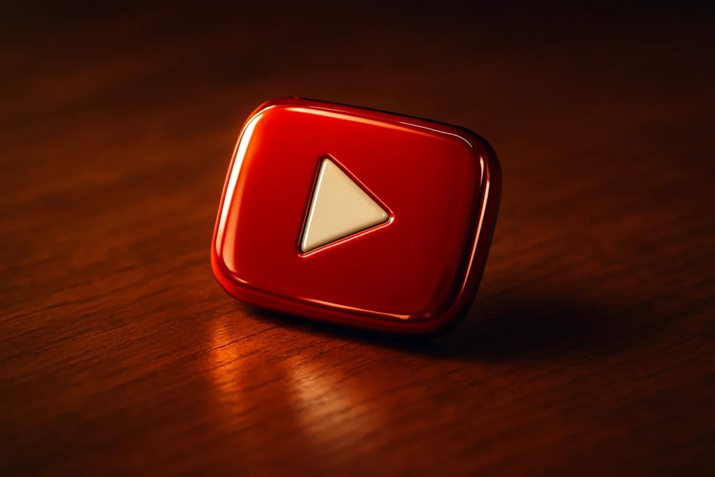 Clean, hyper-detailed single object: a glossy red play button pin resting on a wooden desk, dramatic soft rim lighting, shallow depth of field, warm c...