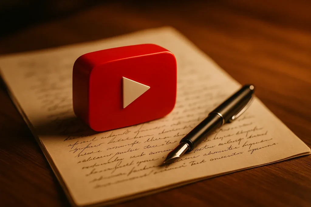 Close-up of a red YouTube play button paperweight resting on handwritten script pages and a sleek fountain pen on a wooden desk, warm cinematic lighti...