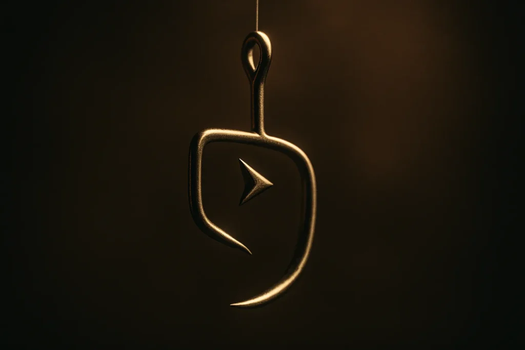Close-up of a single gleaming fishhook shaped subtly like a YouTube play icon, suspended in dramatic studio lighting against a dark blurred background...