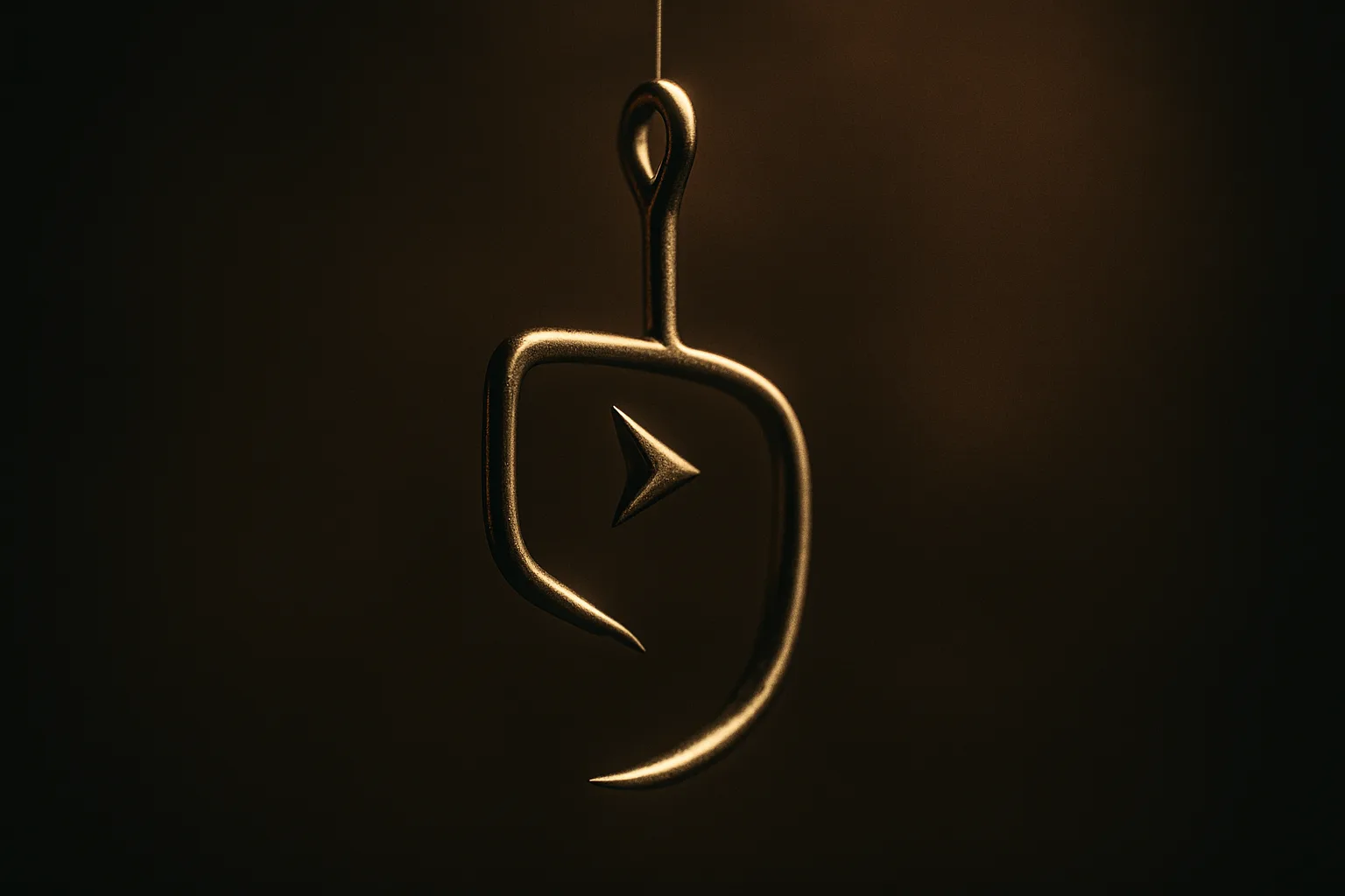 Close-up of a single gleaming fishhook shaped subtly like a YouTube play icon, suspended in dramatic studio lighting against a dark blurred background...