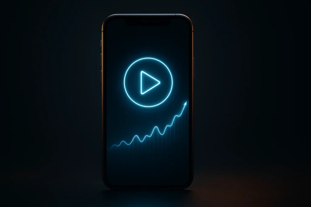 Single sleek smartphone centered against a dark gradient background, screen displaying a glowing looping play icon and holographic upward analytics wa...